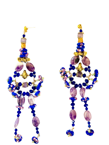 Ohemaa Amethyst and Multicolored Recycled Glass Powder Krobo Beads Dangle Earrings.