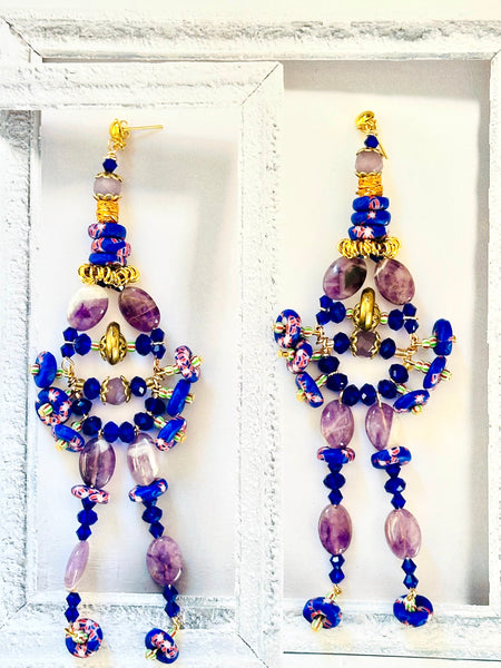 Ohemaa Amethyst and Multicolored Recycled Glass Powder Krobo Beads Dangle Earrings.