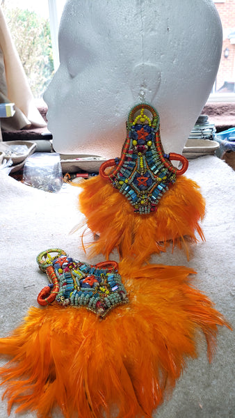 Thema Colourful Multibeaded Glass, Crystal, and Lapis Orange Feather Earrings