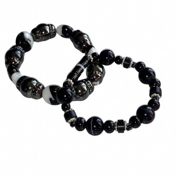 Men’s Black Hematite & Onyx Beaded Bracelet Set with African Vinyl Discs, Gunmetal Caps & Silver Detailing