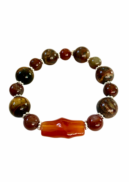 Men’s Brown Jasper and Agate Bracelet with Amber Barrel Focal Bead 