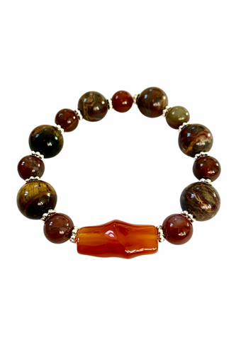 Men’s Brown Jasper and Agate Bracelet with Amber Barrel Focal Bead 