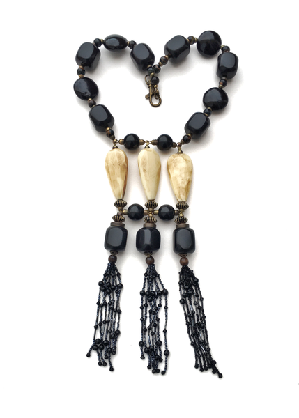 Men’s Black Ebony Wood and Tiger Eye Glass Beaded Tassel Necklace