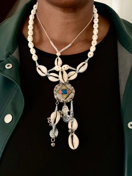 Unisex Boho Necklace with Antiqued Silver Berber Amulet from Maroc and Cowrie Shells