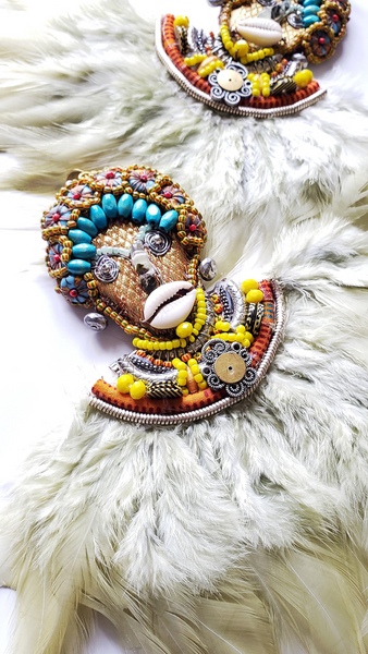Umuada Beaded Feather Earrings with Cowrie Shells & Gold Brass Post