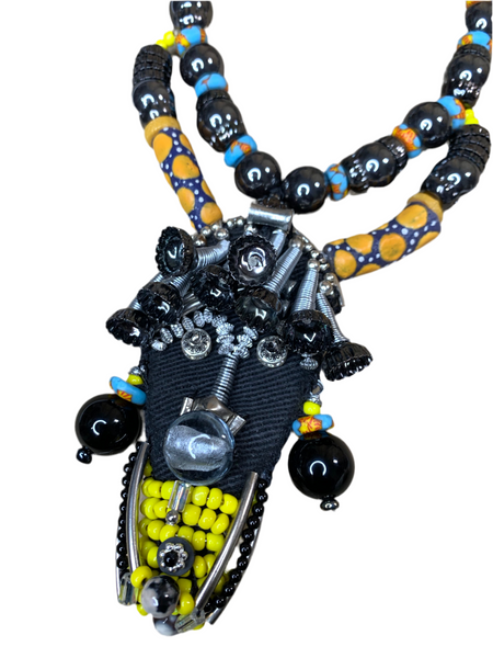 Dassanech Handcrafted Hematite, Colourful Ghana Recycled Rondelle & Krobo Glass Beads Necklace with Gunmetal Accents and Mask Pendant