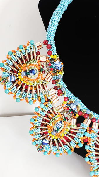 Leire Multi-Beaded Embellished Turquoise Bib Collar Necklace