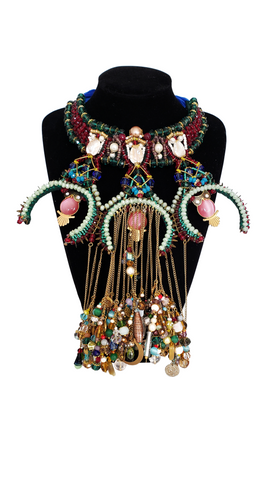 Amaraoma Multi-Layered Statement Necklace with Beaded Crescent, Owls, and Gemstone Fringe