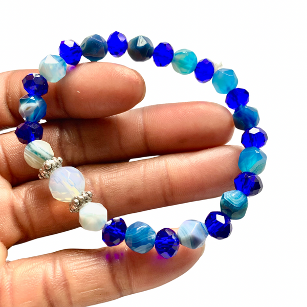 Men’s Lapis Blue Agate Stretch Bracelet with Blue and White Crystal Glass Beads and Silver Tibetan Spacers