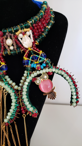 Amaraoma Multi-Layered Statement Necklace with Beaded Crescent, Owls, and Gemstone Fringe