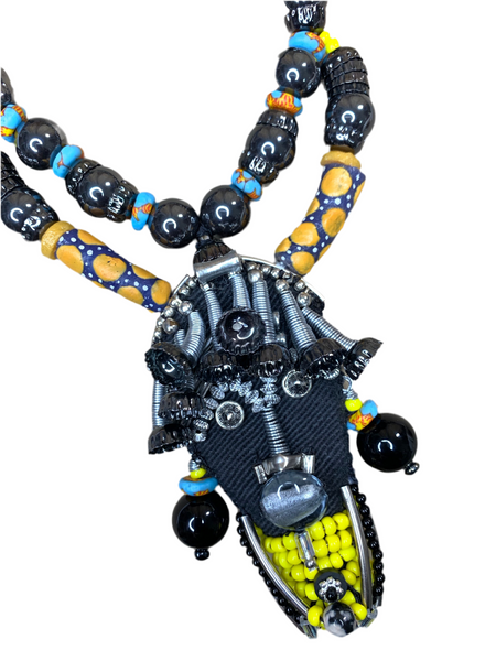 Dassanech Handcrafted Hematite, Colourful Ghana Recycled Rondelle & Krobo Glass Beads Necklace with Gunmetal Accents and Mask Pendant