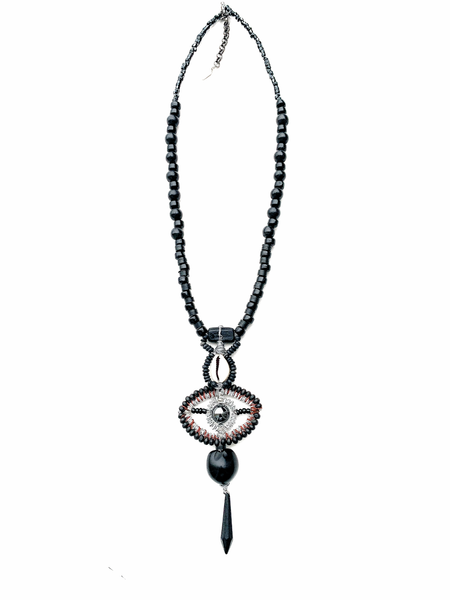 Men’s Black Beaded All-Seeing Eye Pendant Necklace with Spike Charm