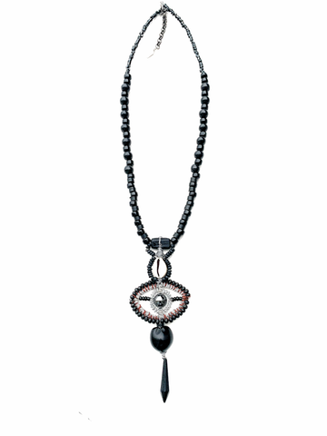 Men’s Black Beaded All-Seeing Eye Pendant Necklace with Spike Charm