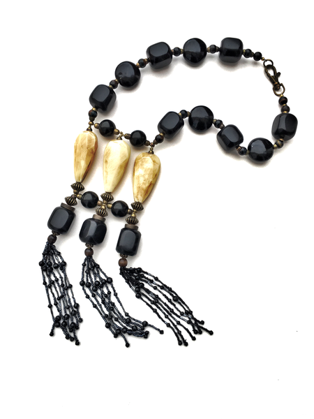 Men’s Black Ebony Wood and Tiger Eye Glass Beaded Tassel Necklace