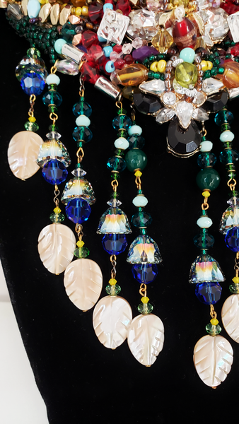 Amani Colourful Embellished Multi-Gemstone Mother of Pearl Tassel Drop Statement Necklace