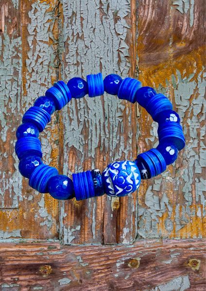 Men’s Blue Lapis Lazuli, Ghanaian Krobo Recycled Glass, African Vinyl Disc, and Carved Terracotta Bead Bracelet