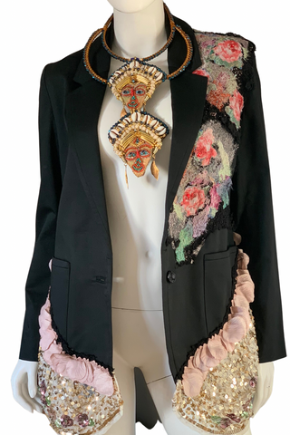 Vibrant Embellished Beaded Floral Applique Women’s Black Cotton Jacket with Sequinned Ruffles 