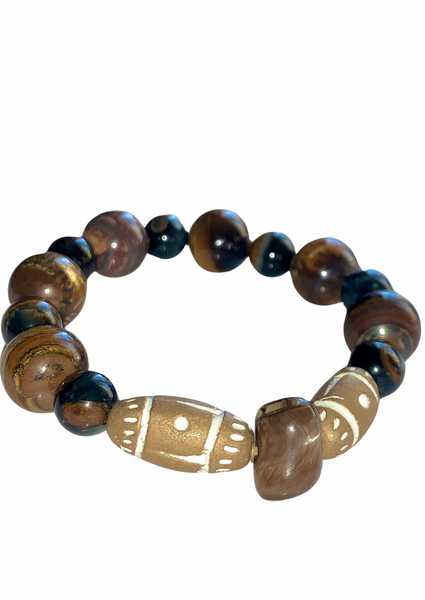 Men’s Tiger Eye, Jasper, White & Gold Wooden Bead, and Shell Stretchy Bracelet (One Size)
