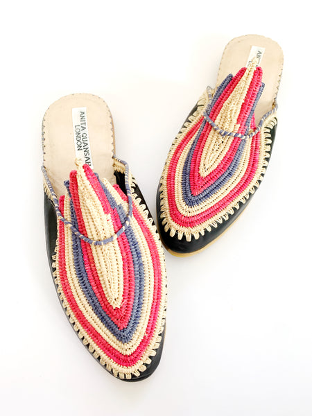 Akila Black Leather with Red, Natural and Slate Grey Coloured Raffia Slippers
