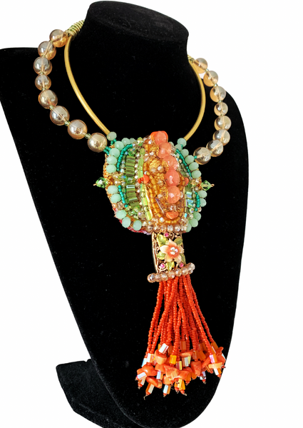 Odimnobi Bold Colourful Multi-Beaded Rose Quartz, Coral Chips, and Crystal Beads Statement Bib Choker Pendant Necklace with Tassel Detailing