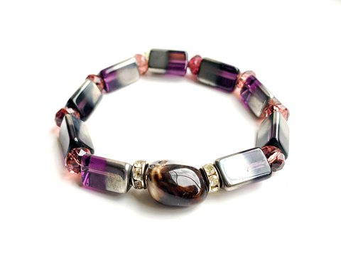 
Handcrafted Men’s Electroplated Glass and Tiger’s Eye Stretchy Bracelet with Amethyst