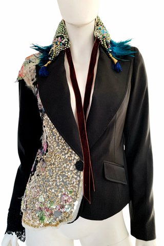 Black with Gold Sequins Hand Embellished Floral Embroidery Tailored Blazer