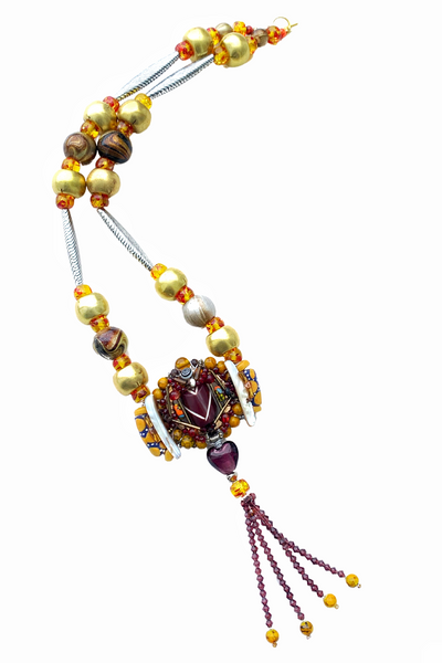 The Ifedika Multi-Beaded Bohemian Statement Necklace with Heart Glass Accents and Beaded Tassels