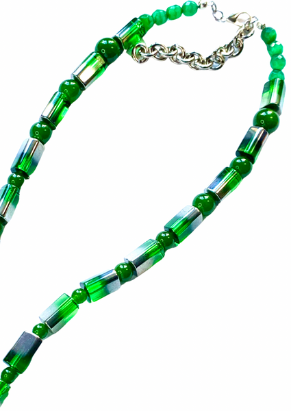 Men’s Long Green Jade and Magnesite Silver Necklace