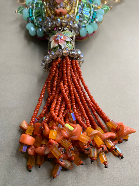 Odimnobi Bold Colourful Multi-Beaded Rose Quartz, Coral Chips, and Crystal Beads Statement Bib Choker Pendant Necklace with Tassel Detailing