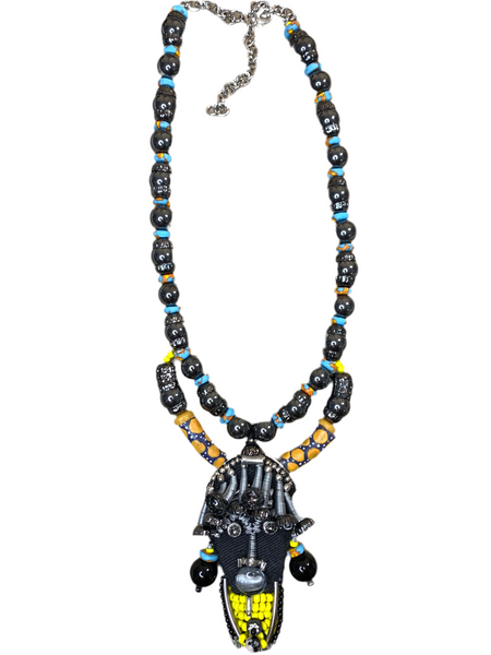 Dassanech Handcrafted Hematite, Colourful Ghana Recycled Rondelle & Krobo Glass Beads Necklace with Gunmetal Accents and Mask Pendant