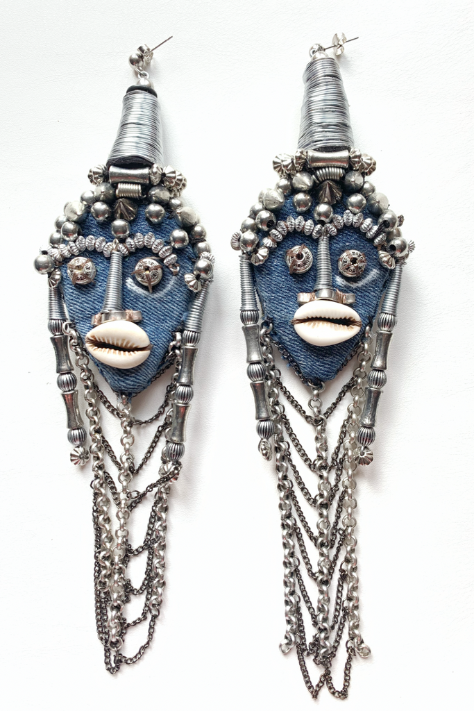 Okeagwu & Nneagwu Silver Crown Beaded Sculptural Face Statement Post Earrings 