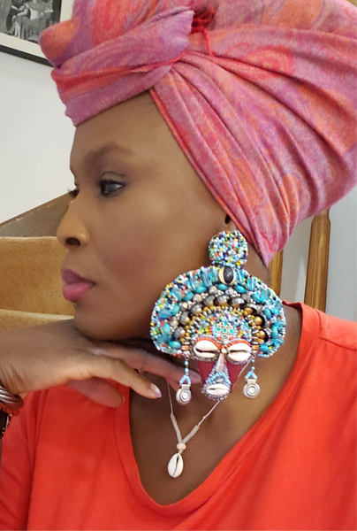 Ezenwanyi Beaded Crystals & Cowrie Mask Lever Back Earrings