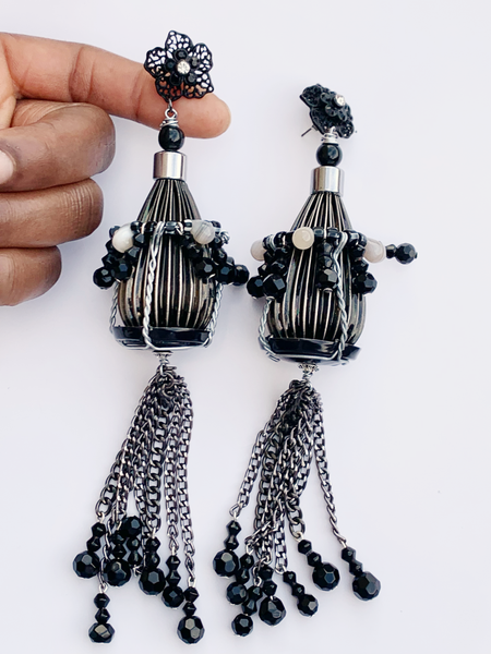 Akuchi Beaded Chain Tassel Champagne Muselet Earrings