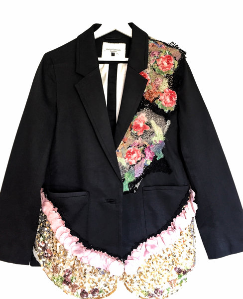 Vibrant Embellished Beaded Floral Applique Women’s Black Cotton Jacket with Sequinned Ruffles 