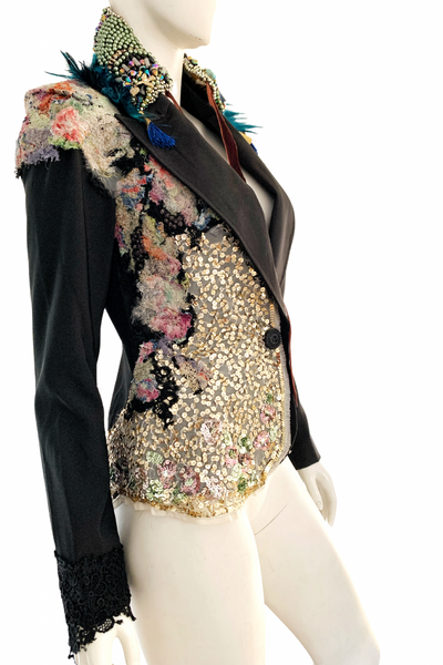 Black with Gold Sequins Hand Embellished Floral Embroidery Tailored Blazer