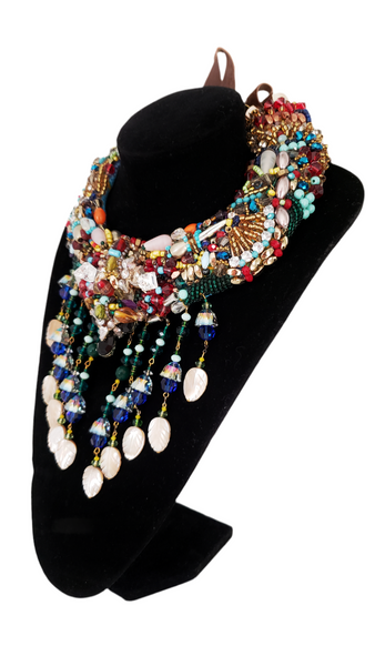 Amani Colourful Embellished Multi-Gemstone Mother of Pearl Tassel Drop Statement Necklace