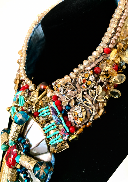 Recycled Denim Necklace with Gold, White & Champagne Glass Beaded Tassels