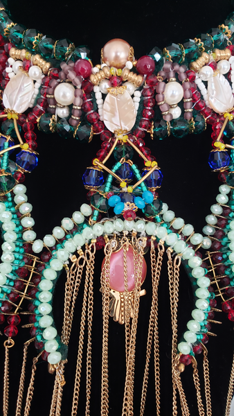 Amaraoma Multi-Layered Statement Necklace with Beaded Crescent, Owls, and Gemstone Fringe