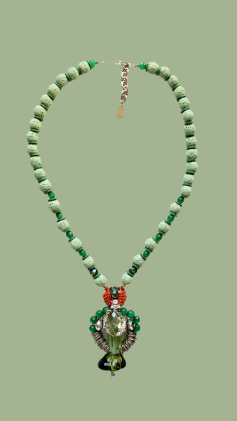 Handcrafted Emerald Zenith Unisex Green Lava Bead and Jade Necklace with Artisan Crystal Pendant