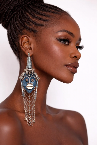Okeagwu & Nneagwu Silver Crown Beaded Sculptural Face Statement Post Earrings 