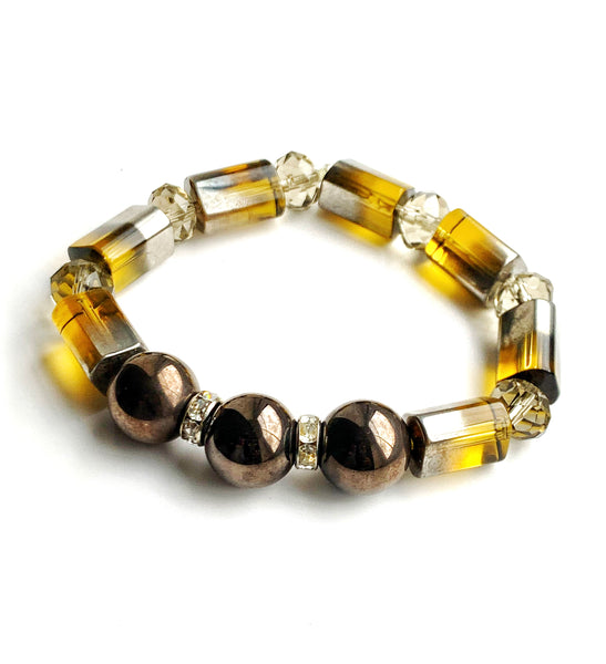   Men’s Hematite and Amber Electroplated Geometric Glass Beaded Stretchy Bracelet 