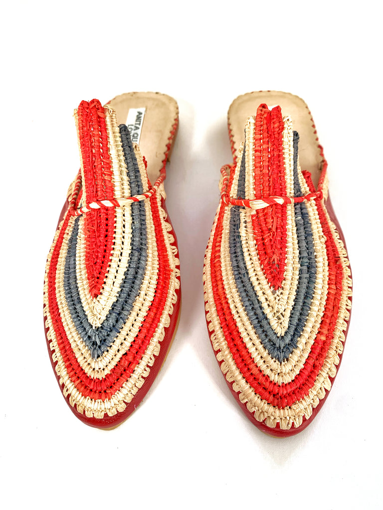 Akila Red Leather with Red, Natural and Slate Grey Raffia Slippers