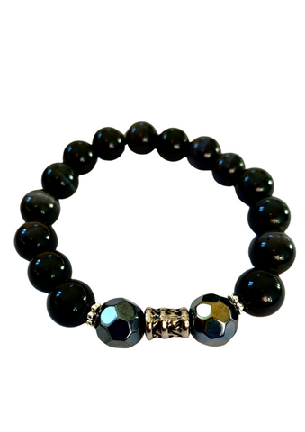 Men’s Onyx Multifaceted Electroplated Round Glass Beads and Silver Tibetan Cylinder Beads bracelet