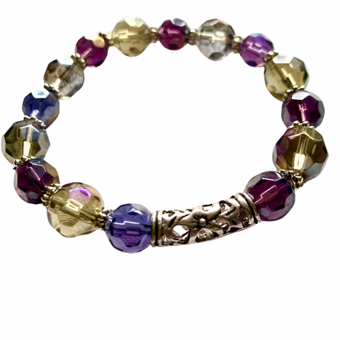 Elegant Unisex Multi-Color Faceted Glass Bead Bracelet – 8” Stretch Bracelet with Intricate Silver Charm