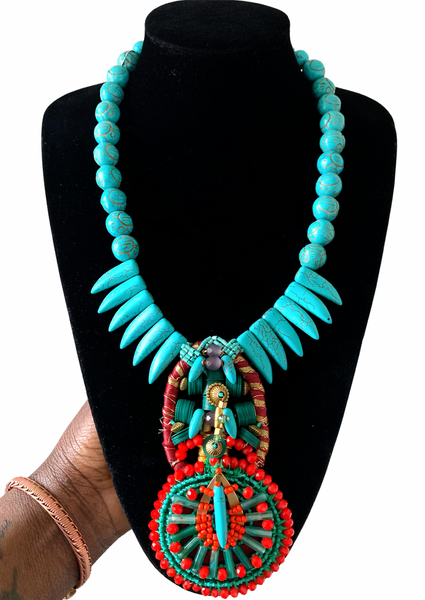 Aniweta Turquoise Beaded Multibeaded, Agate Amethyst and Brass Pendant Necklace 