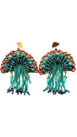 Oshimiriatata Glass Beaded, Crystal, Coral & Turquoise Beaded Fringe Earrings