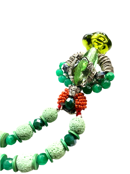 Handcrafted Emerald Zenith Unisex Green Lava Bead and Jade Necklace with Artisan Crystal Pendant