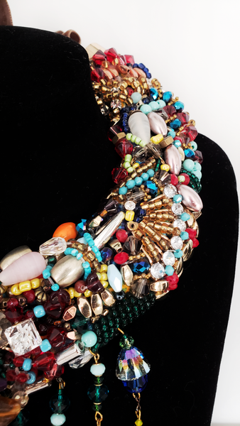 Amani Colourful Embellished Multi-Gemstone Mother of Pearl Tassel Drop Statement Necklace