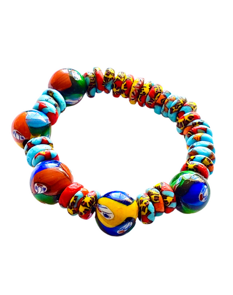 Vibrant Artistic Unisex Colourful Mosaic Ghana Recycled Beads Beaded Bracelet