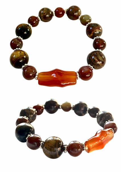 Men’s Brown Jasper and Agate Bracelet with Amber Barrel Focal Bead 